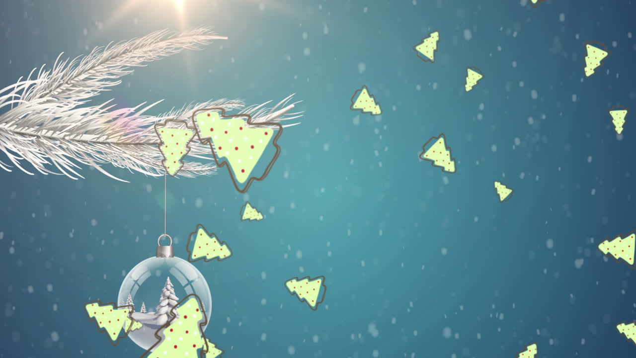 크리스마스 트리 아이콘이 크리스마스 장식품에 맞서 떨어지고 파란색 배경에 나무 가지에 매달려 있습니다.