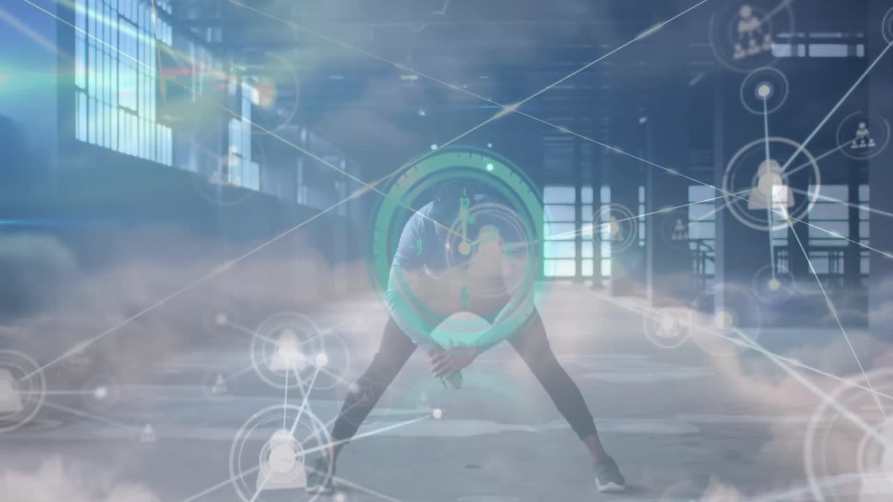 아프리카계 미국인 남성 운동과 구름에 대한 연결 네트워크의 애니메이션