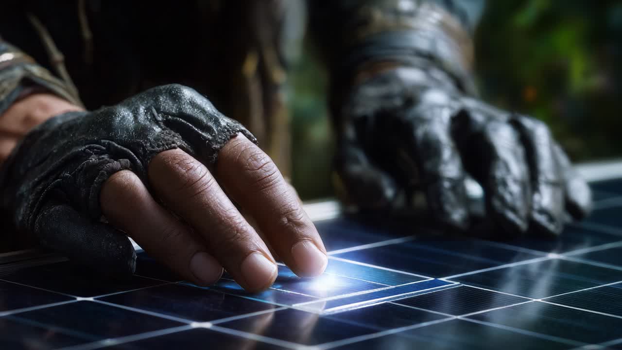 A Dramatic Interaction with Futuristic Technology: A Close-Up View of a Hand Engaging with a High-Tech Panel, Generating Light and Energy, Illustrating the Potential of Innovative Devices