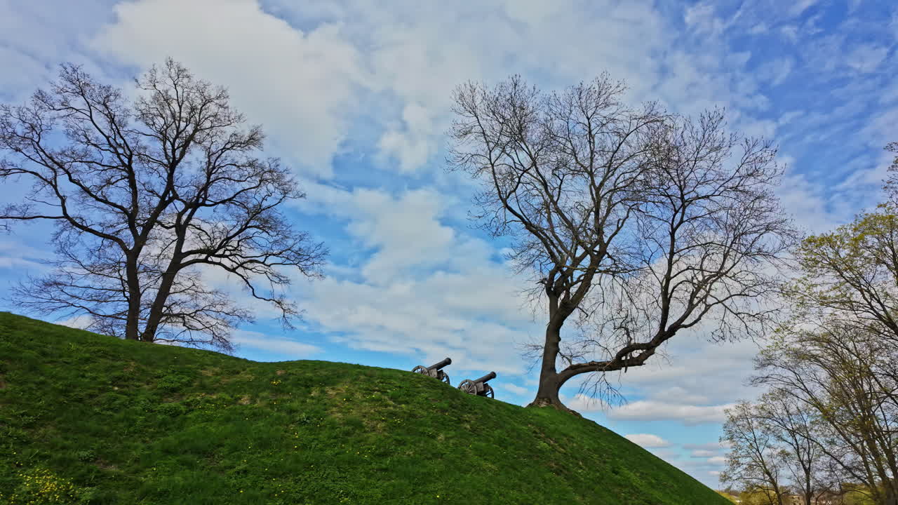 Cast iron cannons on top of grassy hill with bare trees under blue sky