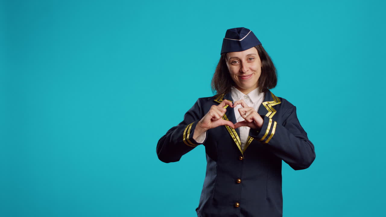 Positive stewardess showing heart shape sign with hands