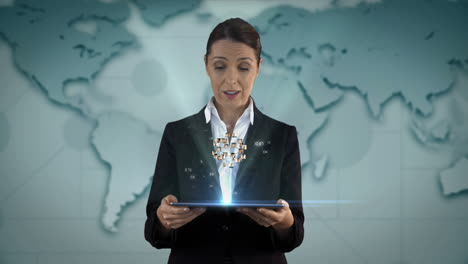 businesswoman using tablet with digital animation