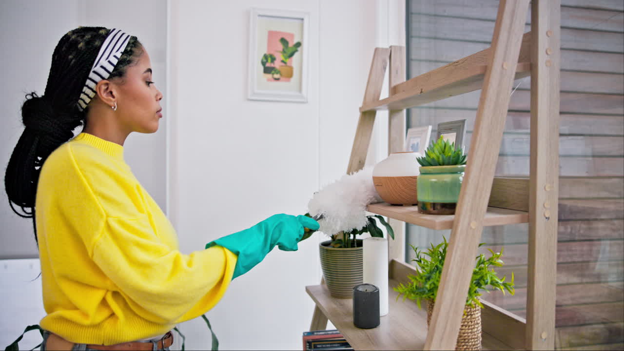 Dust cleaning, woman work and home with duster
