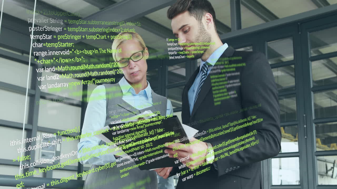 Animation of data processing over diverse business people in office