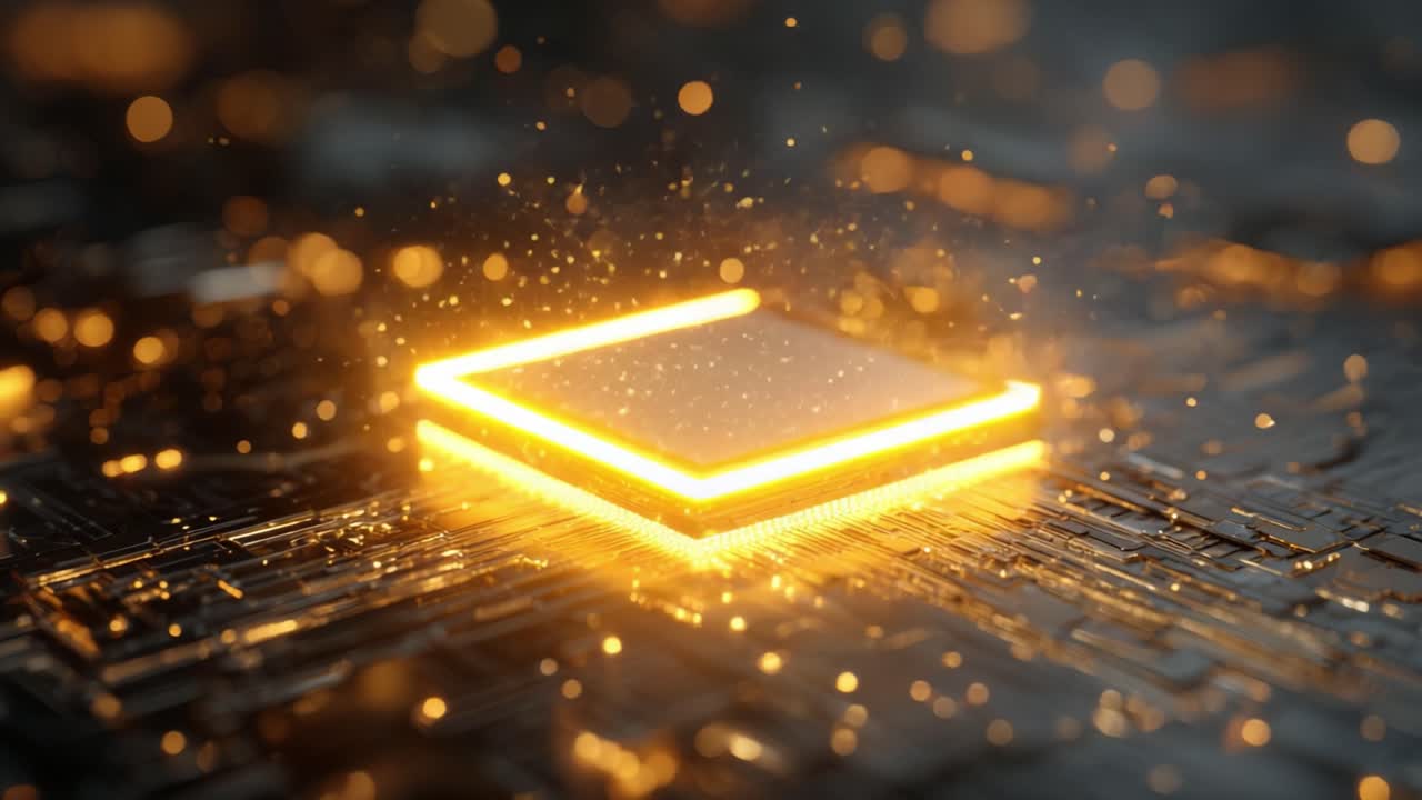 Powerful central computer processor with glowing particles over a circuit board, representing concepts like data processing, artificial intelligence, and the core of modern digital technology