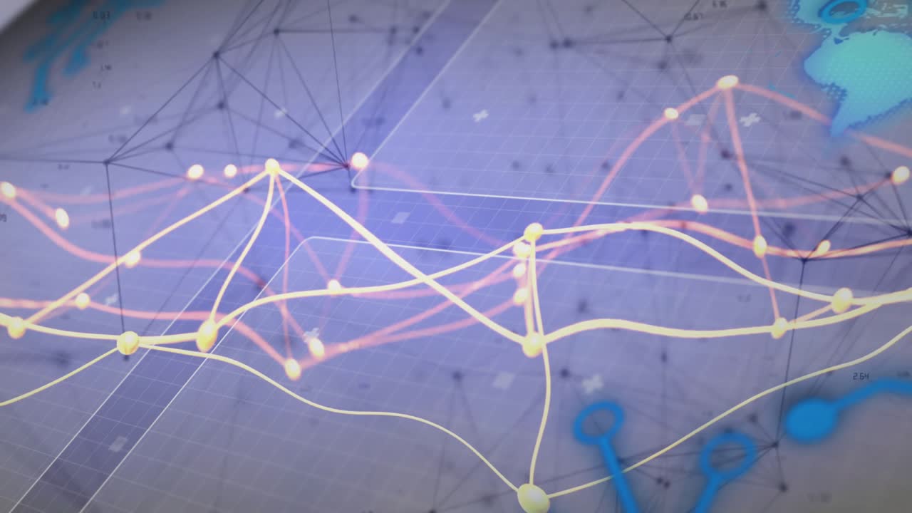 3D render showing glowing nodes flowing along curving data lines, wireframe grid and keyhole icons