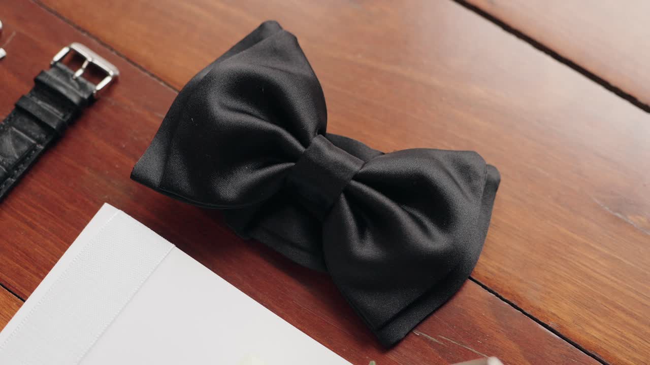 elegant black bow tie styled with leather strap and white envelope