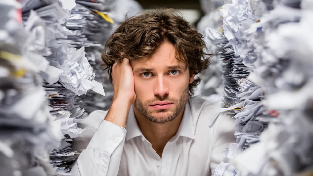 A Frustrated Individual Surrounded by Chaos: Capturing the Overwhelming Stress and Disarray of Paperwork Accumulation