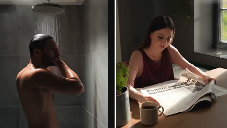 people engaging in daily routines: showering and reading