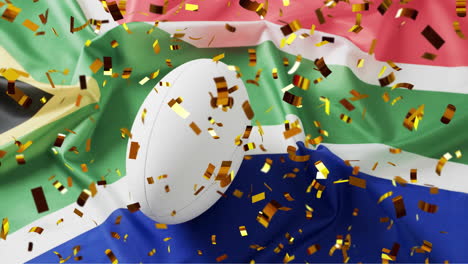 animation of confetti over white rugby ball and flag of south africa