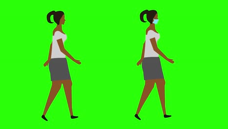 women walking cycle seamless loop , face mask version, green screen chroma key animation, flat design