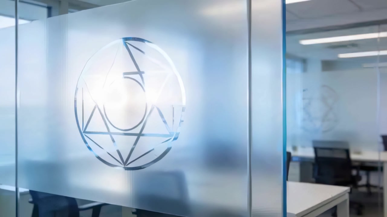 Shifting light crossing frosted glass panel with etched logo in office, revealing seam desks
