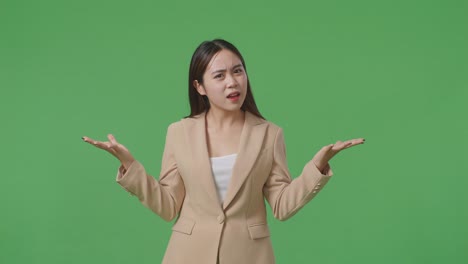 woman in beige jacket, explaining or questioning