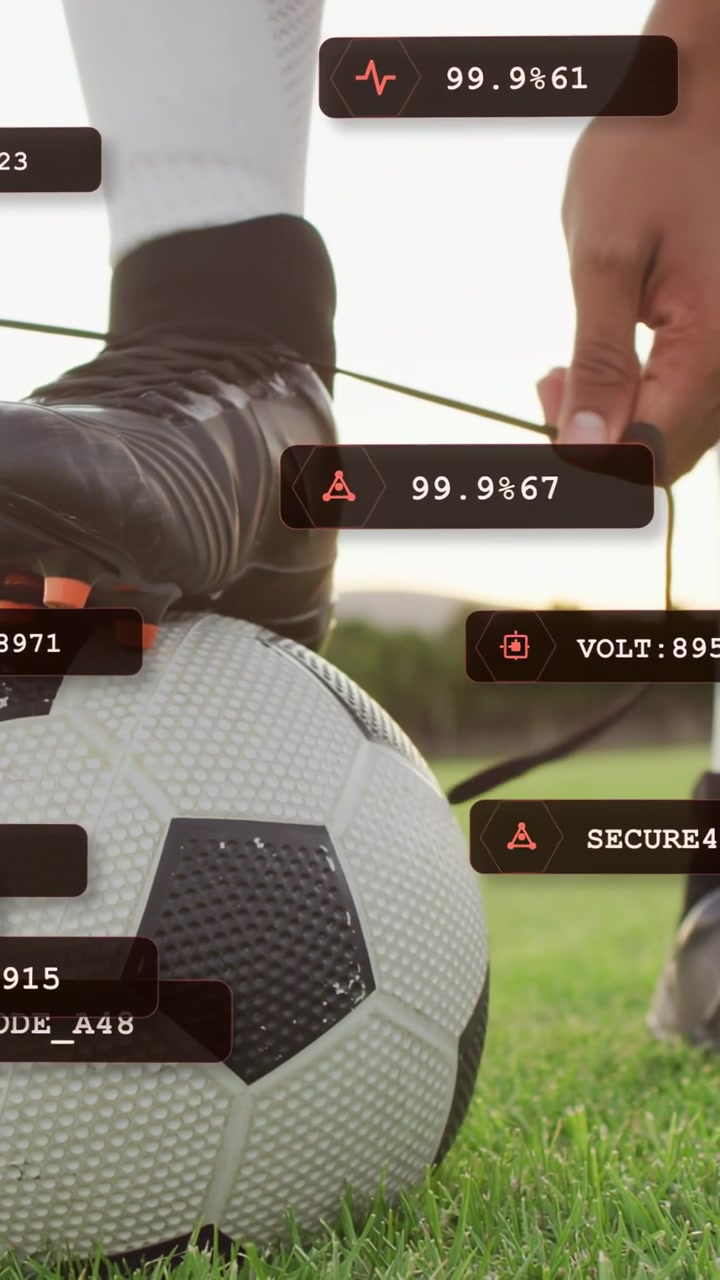 Vertical video: Soccer player touching lace looping pulling tying while HUD stats overlay cleat