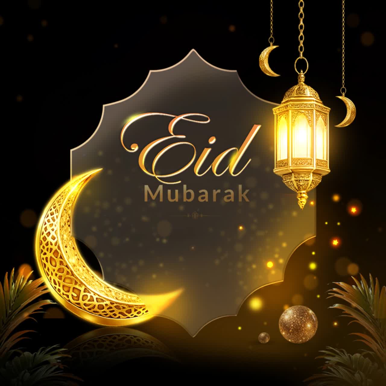 Animazione di biglietto d'auguri Eid Mubarak con lanterna a mezzaluna dorata, luci pendenti e sfondo festivo islamico elegante.