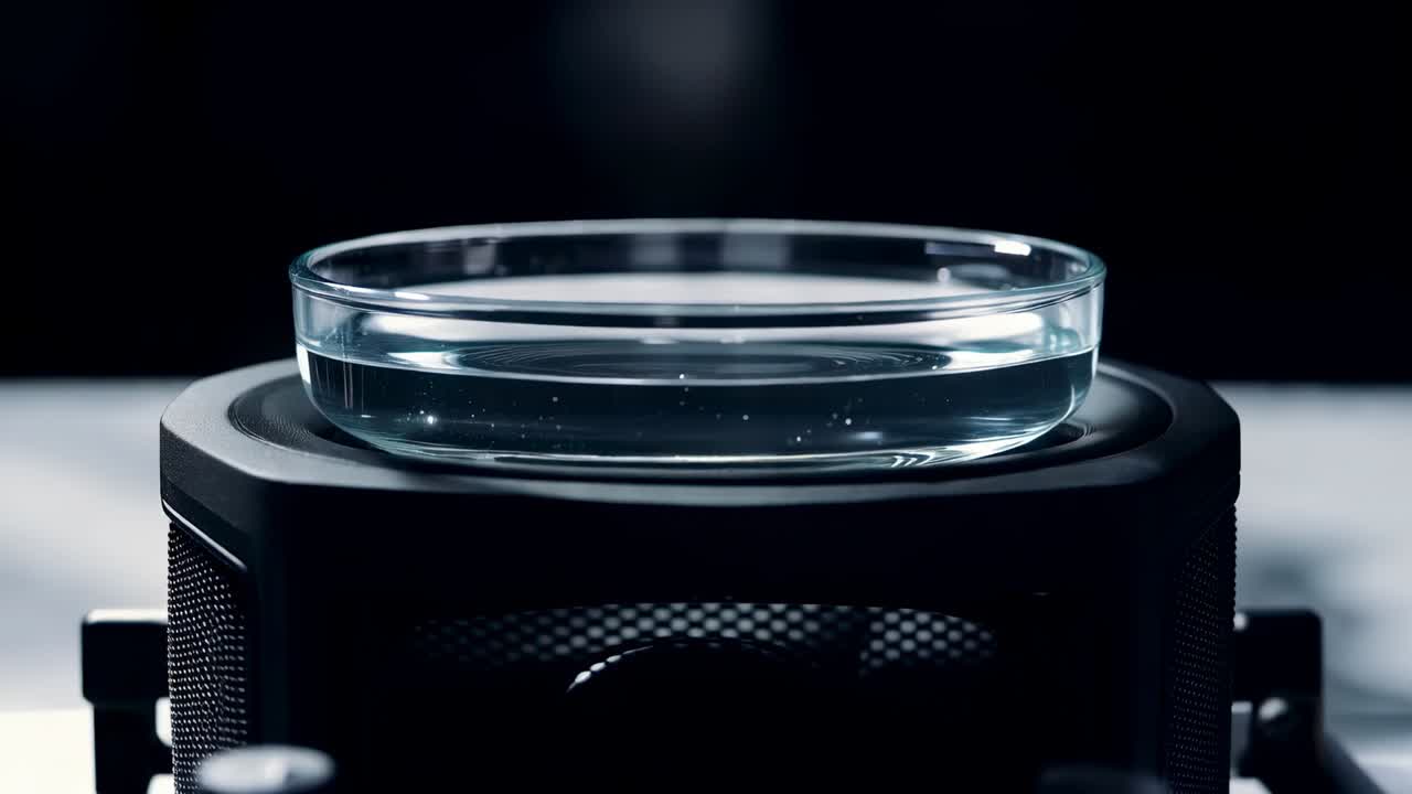 Vibrating black platform causing shallow glass dish water forming jets and ripples under spotlight