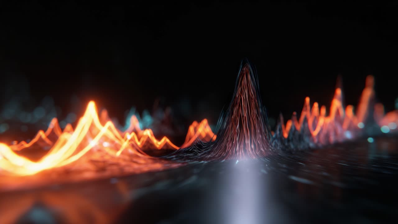 Dynamic Visualization of Sound Waves: A Mesmerizing Display of Vibrant Colors and Fluid Motion in a Dark Environment Representing Audio Frequency Patterns