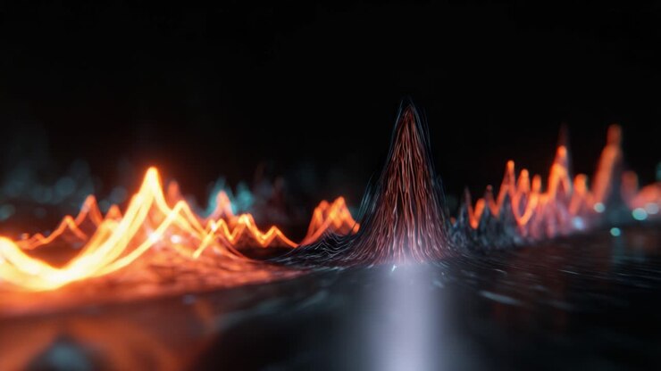 Dynamic Visualization of Sound Waves: A Mesmerizing Display of Vibrant Colors and Fluid Motion in a Dark Environment Representing Audio Frequency Patterns