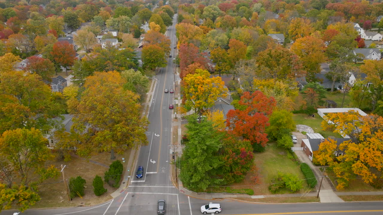 volando sobre la calle en kirkwood siguiendo a los autos mientras conducen por calles arboladas en otoño en un bonito día
