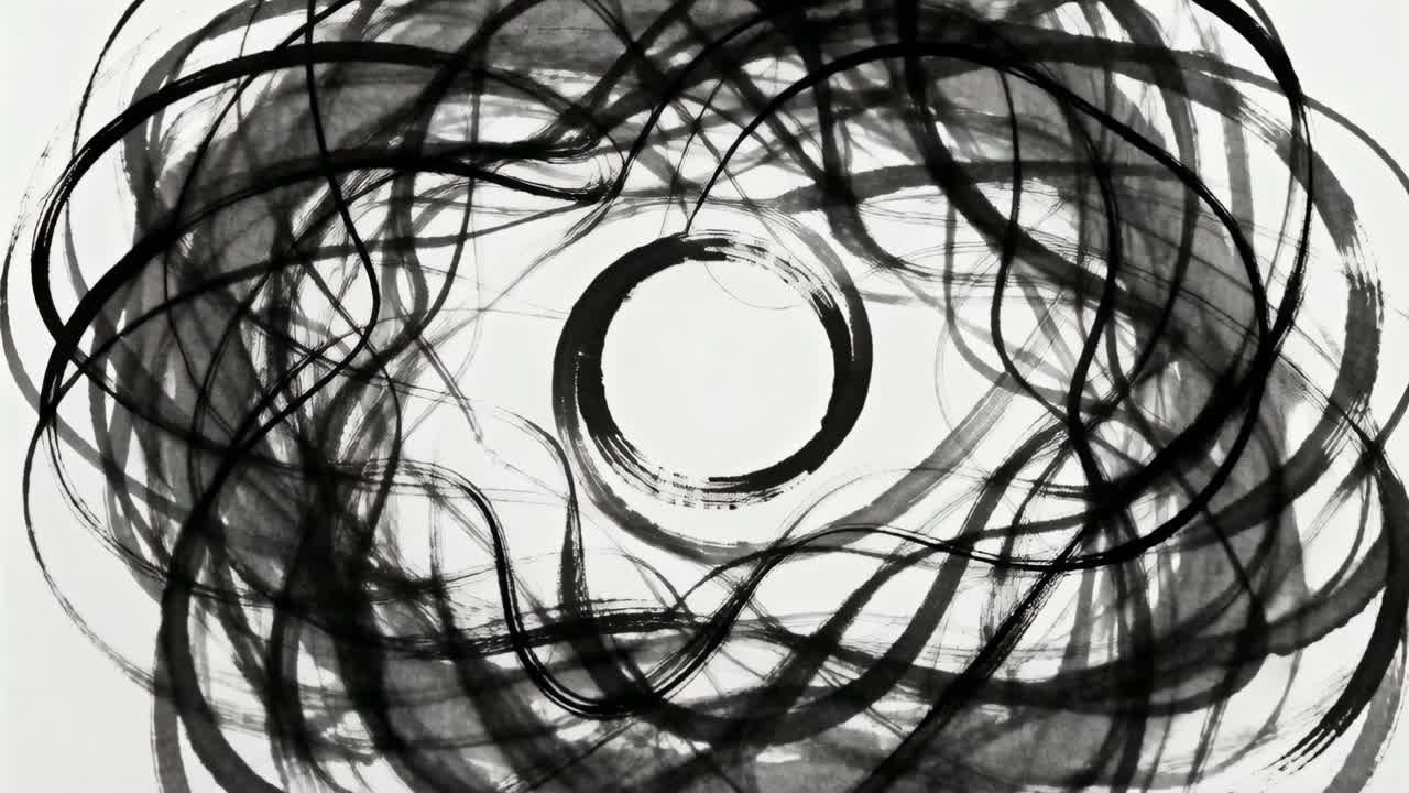 Iniziando con una spirale, inchiostro nero che crea anelli e raggi a ventaglio, formando un anello scuro su tela chiara.