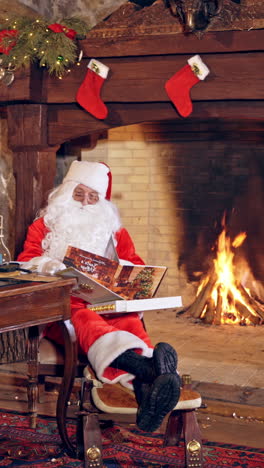 santa claus is sitting in specially decorated room and looking at the book. christmas and new year time. time for miracles. vertical video