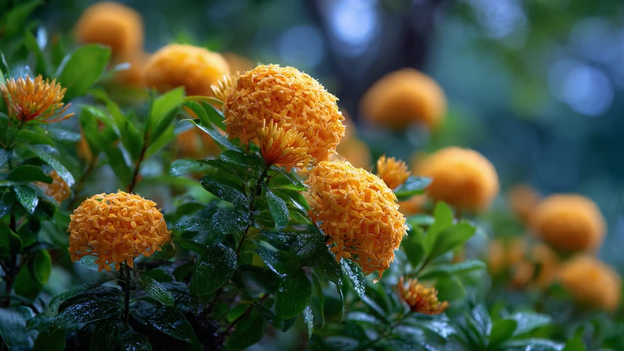 A Close-Up View of Vibrant Orange Blooms Glistening with Dew Amidst Lush Green Foliage, Capturing the Beauty of Nature in a Serene Setting