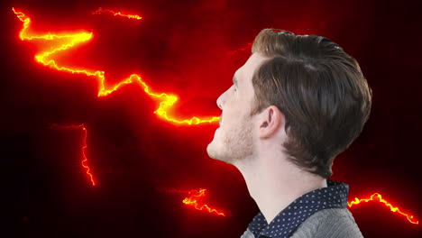 animación de un hombre curioso sobre corrientes eléctricas rojas brillantes sobre un fondo negro