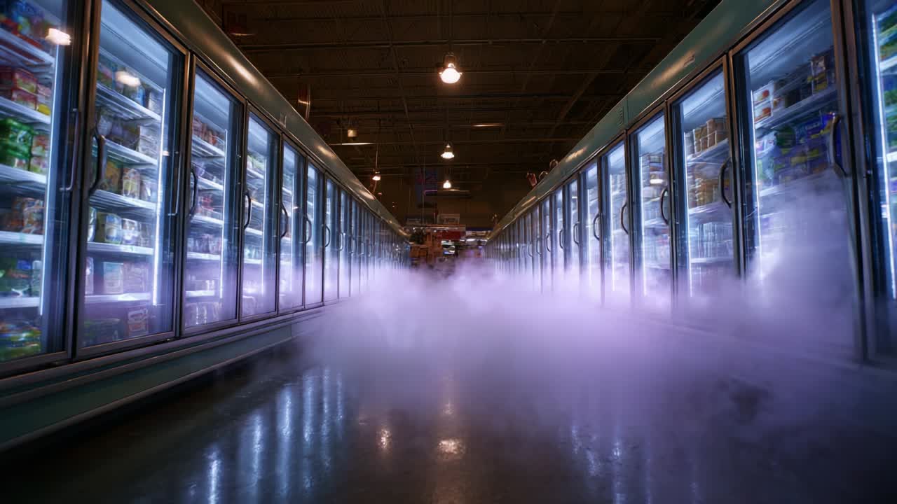 Midnight in the Frozen Aisle: Capturing the Enigmatic Atmosphere of a Retail Freezer Section Shrouded in Mystical Fog, Showcasing Gleaming Freezer Doors and the Allure of Chilled Goods