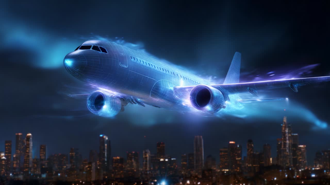 A Stunning Visual Representation of a Futuristic Airplane Orbiting Above a City Skyline, Showcasing a Glowing, Wireframe Design That Captures the Essence of Advanced Aviation Technology in Motion