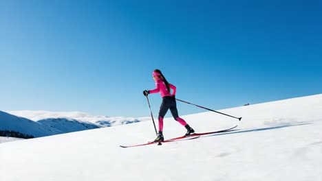 a dynamic cross-country skier navigating through a pristine winter landscape, showcasing skill and elegance under a clear blue sky