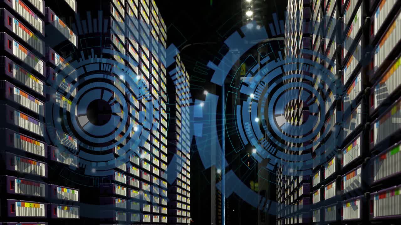 Animation of two blue round scanners spinning against computer server room