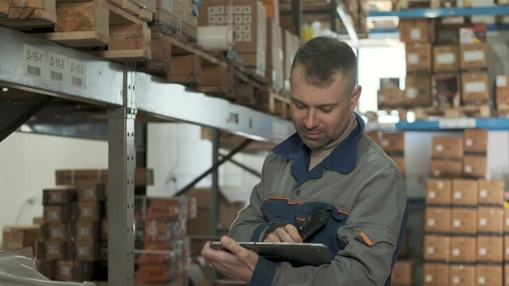 Manager uses scanner to check goods on shelves of distribution center