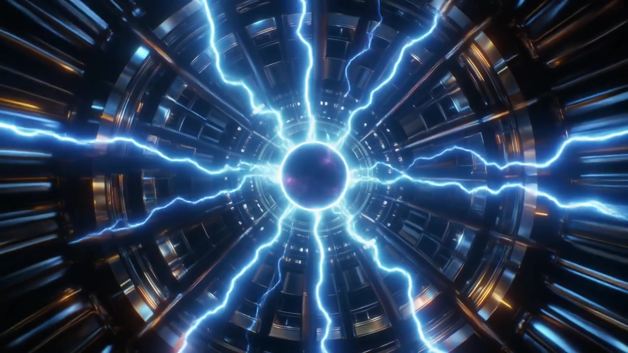Nucleo energetico futuristico con archi elettrici incandescenti in una camera circolare