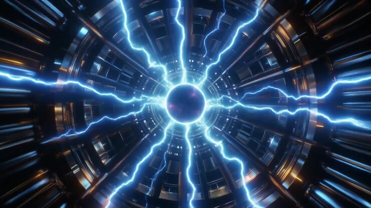 Nucleo energetico futuristico con archi elettrici incandescenti in una camera circolare
