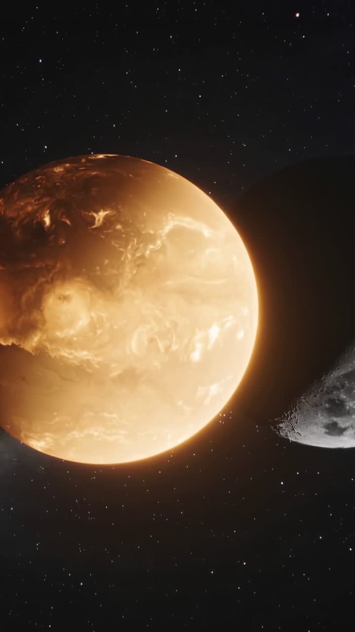 Vertical video: Slow pan showing glowing planet turning with shifting clouds in space, gray moon