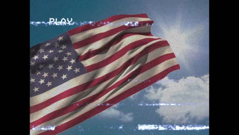 digital animation of vhs glitch effect against american flag waving against blue sky