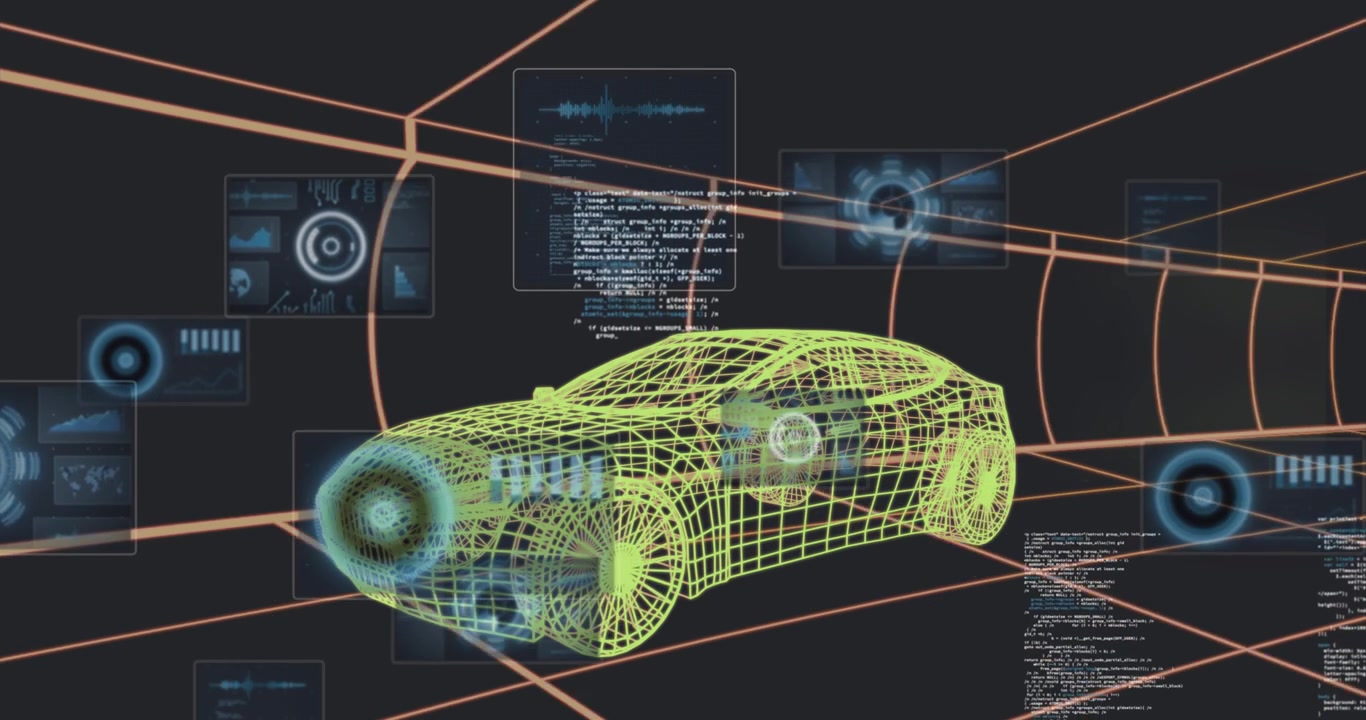 Modelo de coche digital en wireframe en un túnel de datos futurista