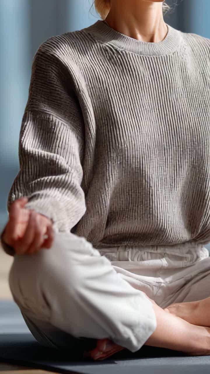 Et roligt øjebliks meditation: Omfavn ro og indre fred i en fredfyldt ramme med en opmærksom person i en hyggelig grå sweater