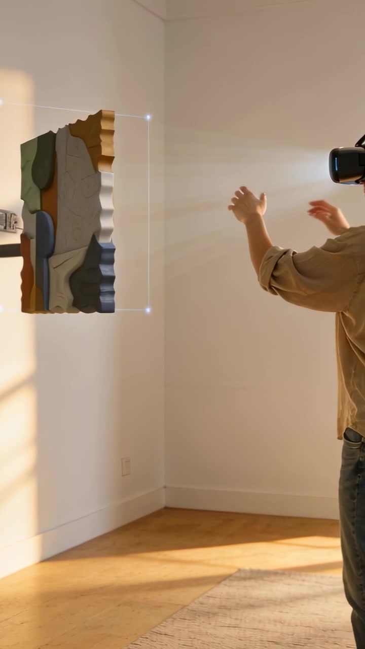 Video vertical: Hombre con gafas de realidad virtual y jeans extendiendo la mano, girando un panel en un estudio mientras aparecen puntos, con espacio para texto.
