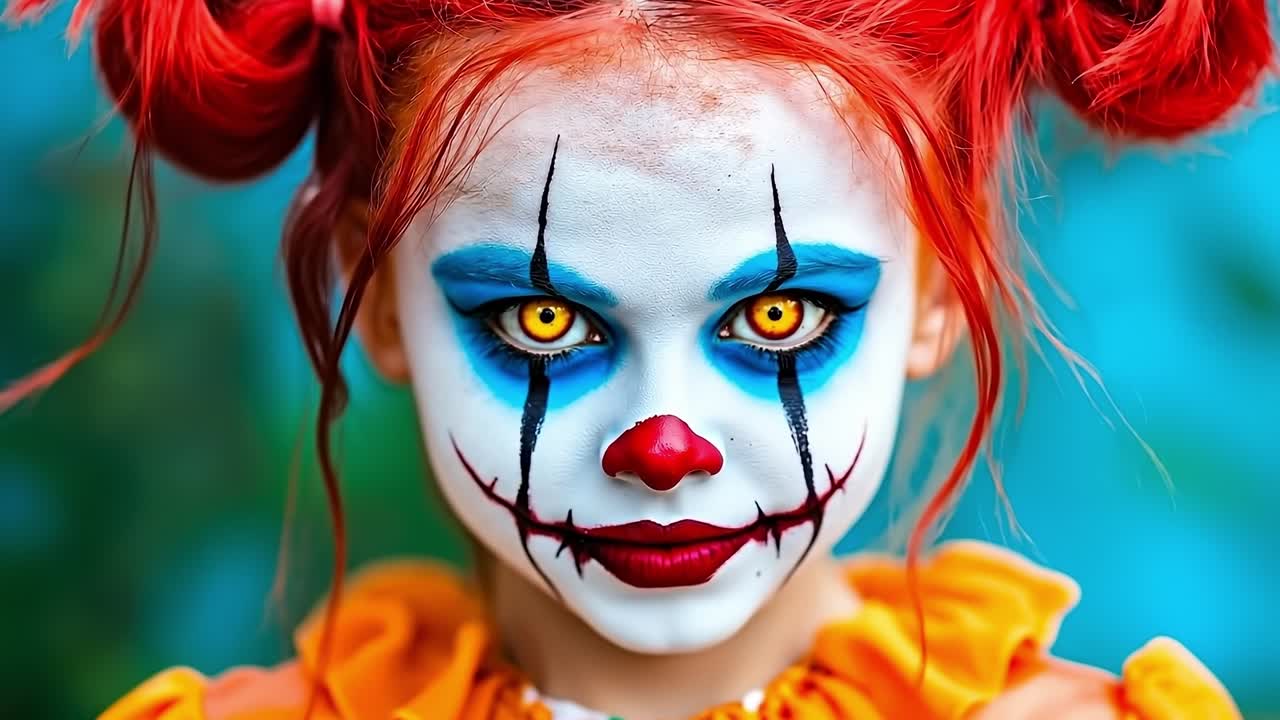 A young girl dressed as a clown with red hair and blue eyes