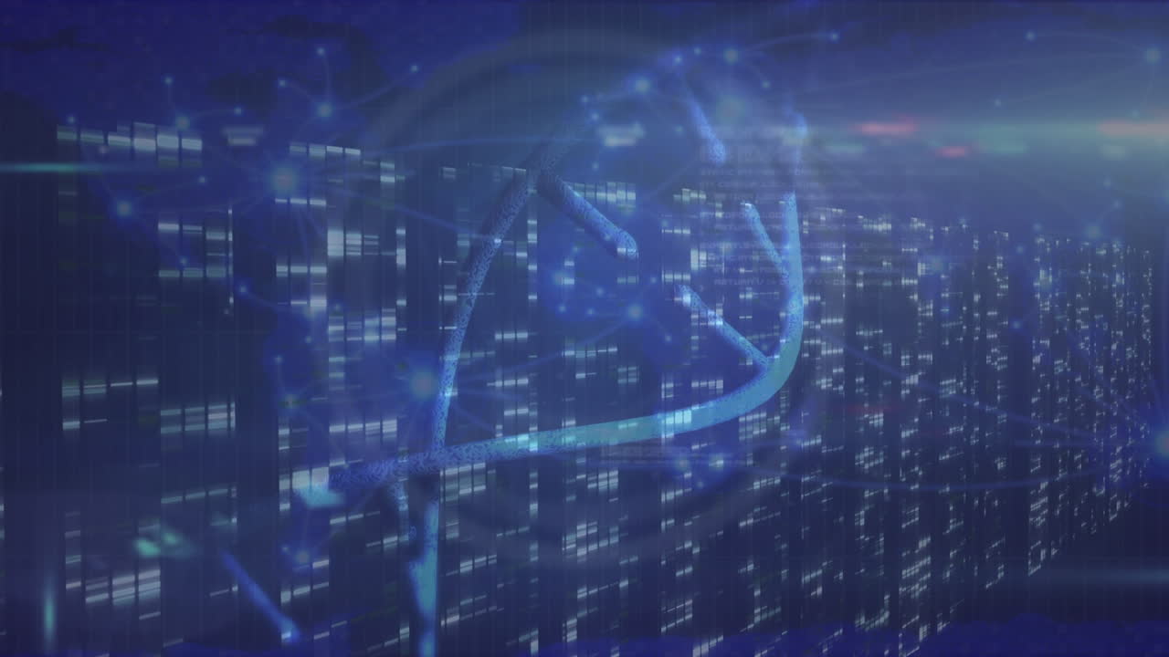 Animation of dna rotating with clone text on digital interface over computers server