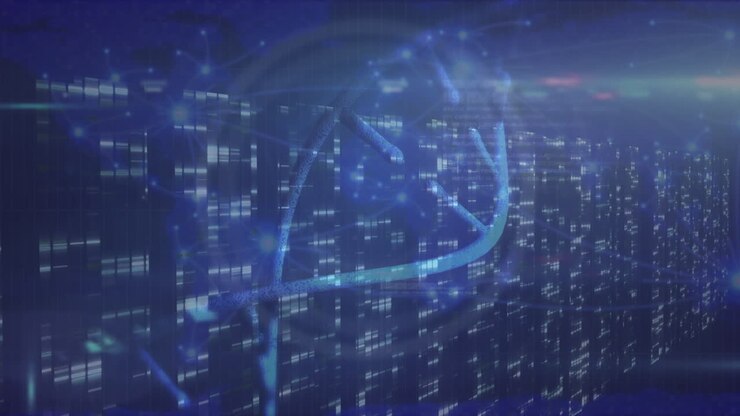 Animation of dna rotating with clone text on digital interface over computers server