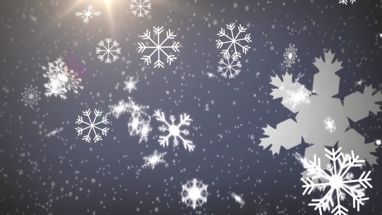 Animation of snowflakes falling with glowing light on blue background