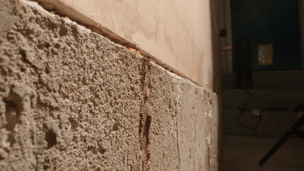 흰개미는 거의 내셔널 지오그래픽 스타일의 슈퍼 매크로 렌즈로 집에서 차고 벽에 있는 식민지로 벽을 기어오르고 있습니다.