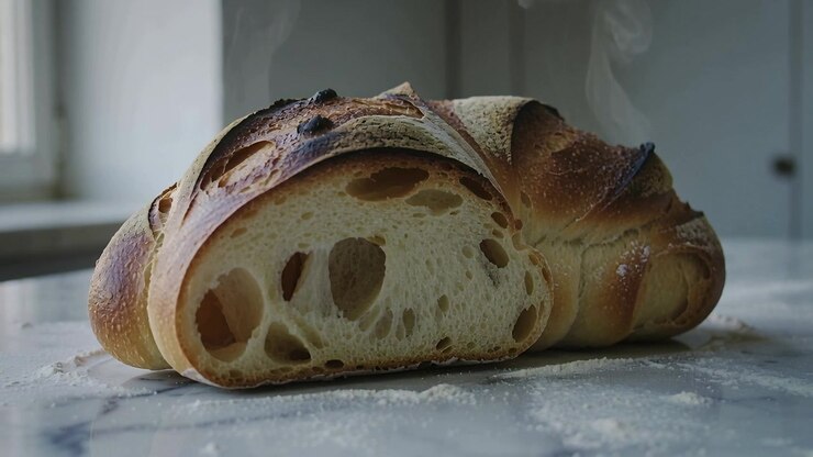 Pulling camera close up revealing sliced artisan loaf on marble counter by window, showing crumb