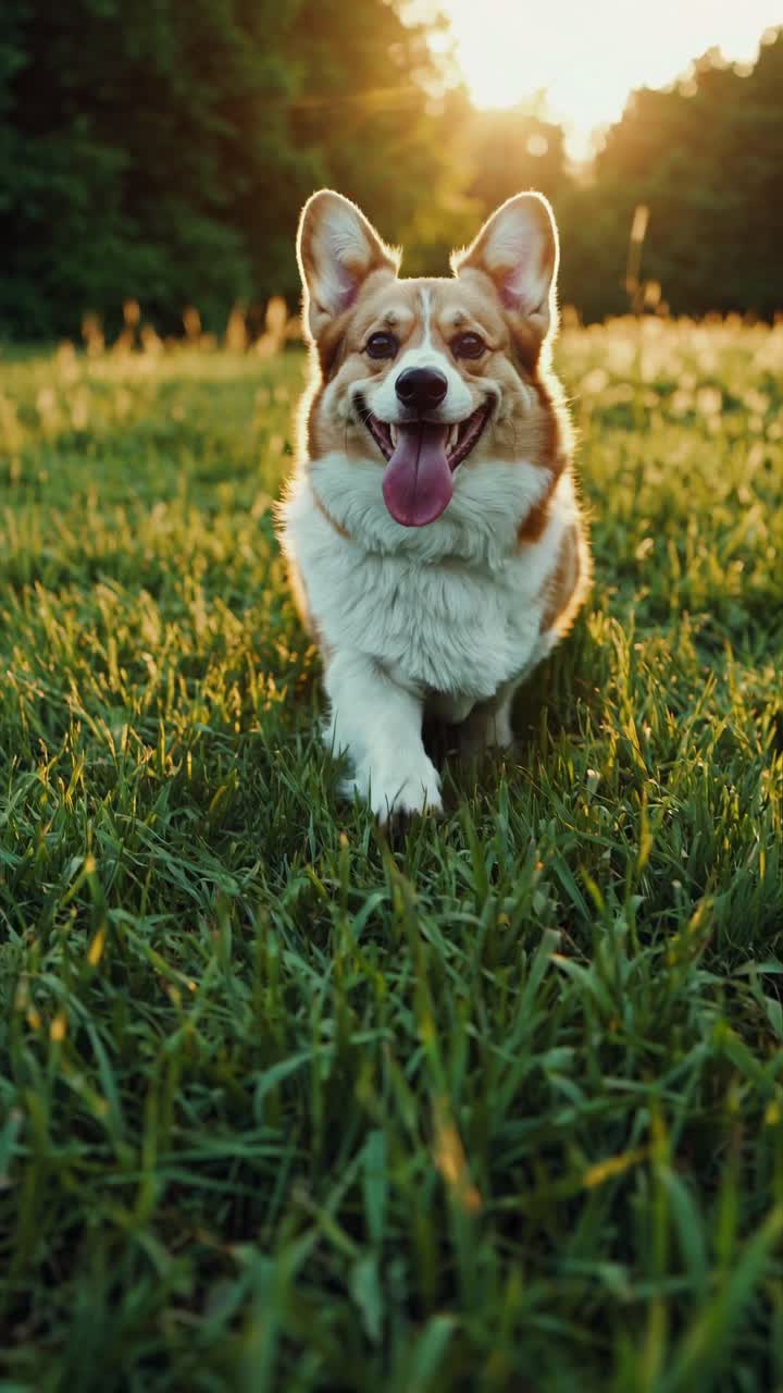 Video a contrapicado de un alegre corgi corriendo sobre la hierba al atardecer, capturando su energía juguetona