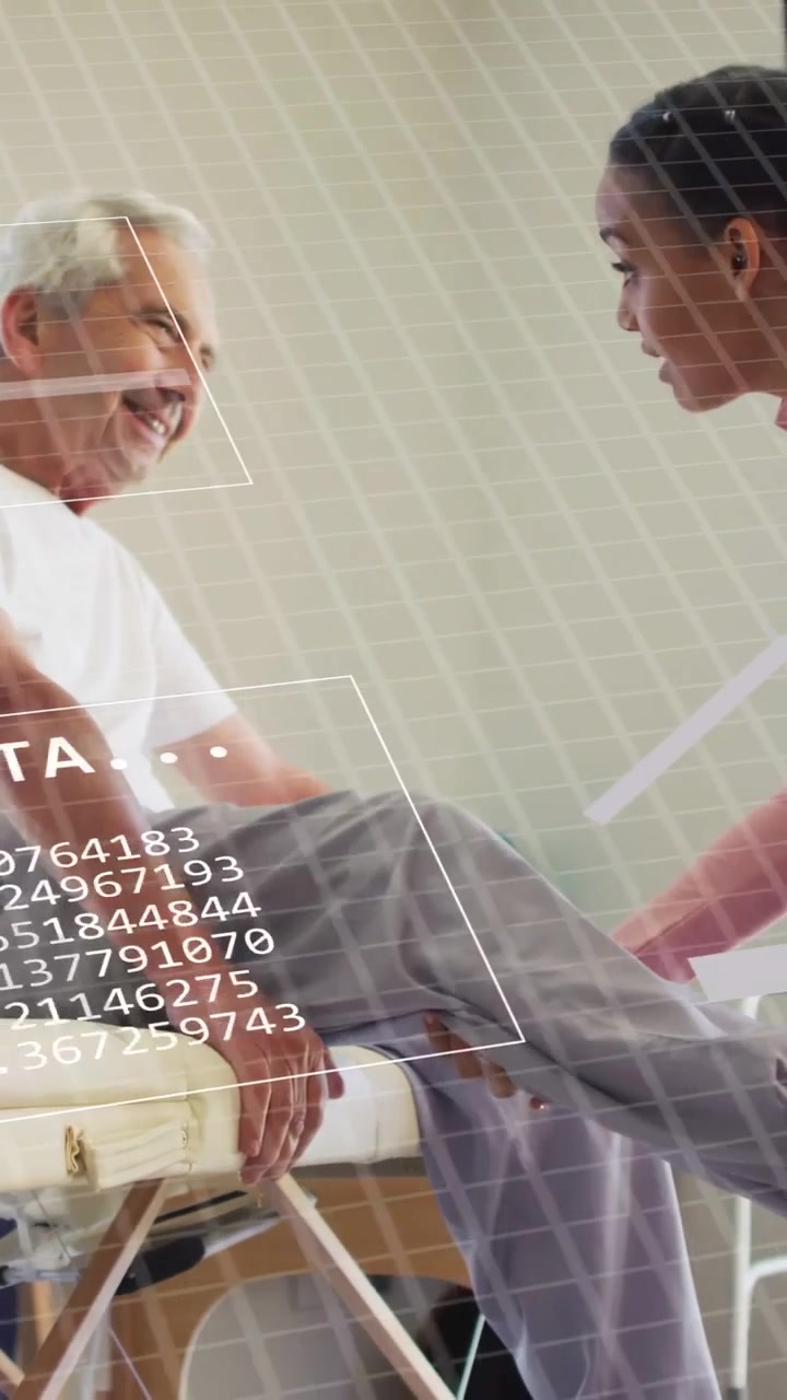 Vertical video: Therapist touching patient leg, animated rehab charts collecting and analysing data