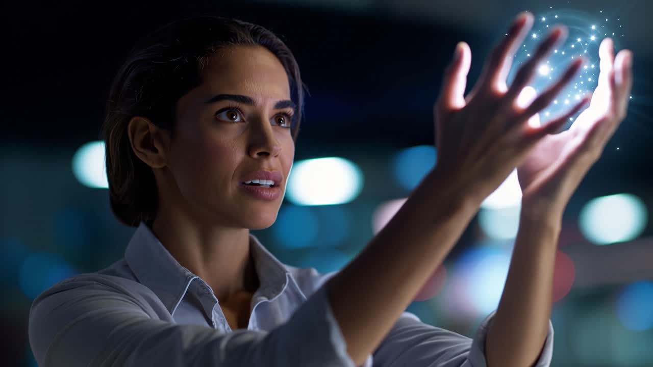 Una donna fissa un'interazione digitale luminosa. Le dita si librano vicino a un'interfaccia virtuale scintillante. La sua espressione mostra una curiosità concentrata. Ideale per tecnologia, innovazione o concetti futuri.