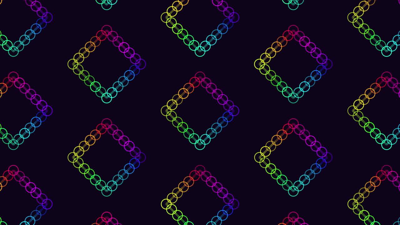 검은색 그라디엔트에 무지개 반지를 가진 네온 미래형 큐브 패턴을 반복합니다.