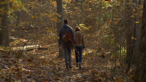 Musiker,-Die-Im-Wald-Von-Der-Kamera-Weggehen